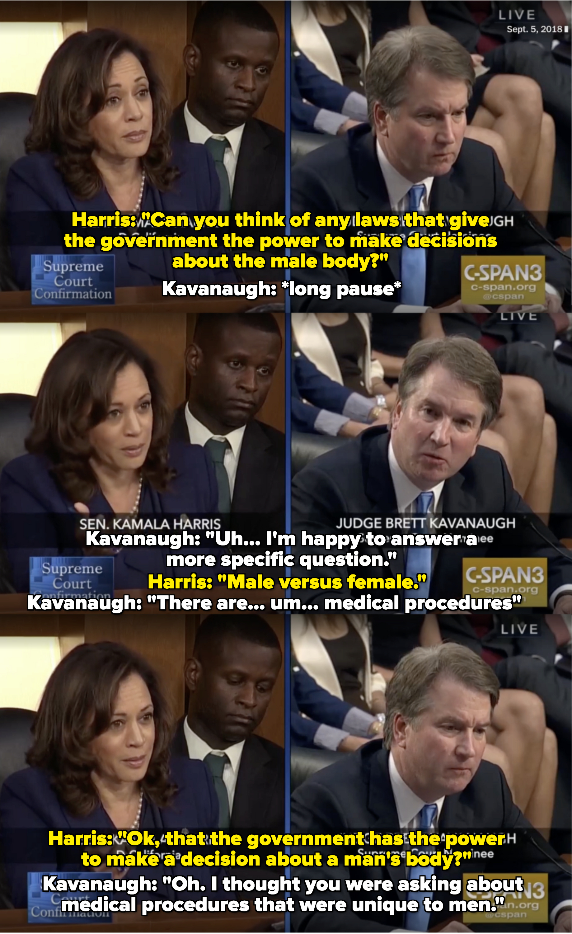 Kamala Harris and Brett Kavanaugh speaking during the Supreme Court confirmation hearing, shown in a split-screen layout with multiple images of their interactions
