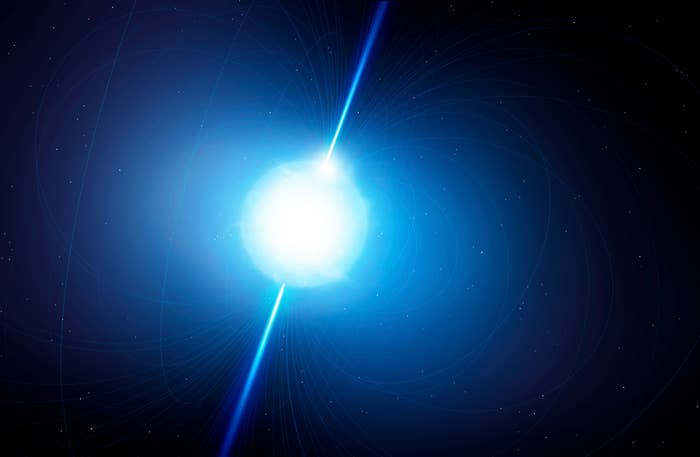 A bright celestial object, likely a star or a neutron star, radiates intense light in space, surrounded by faint lines and a star-filled deep blue background