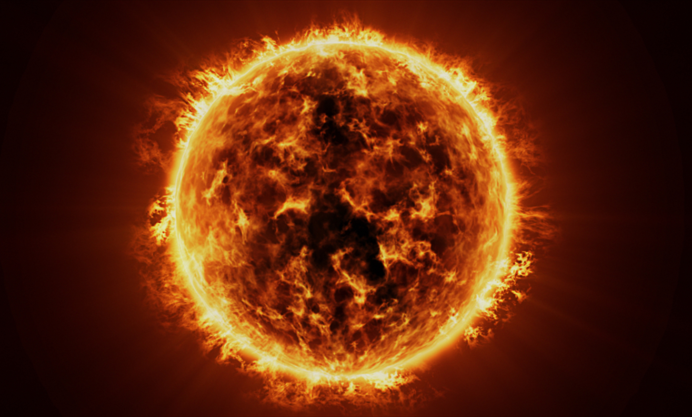 Image of the sun with intense solar flares and a fiery surface. No text or persons are present