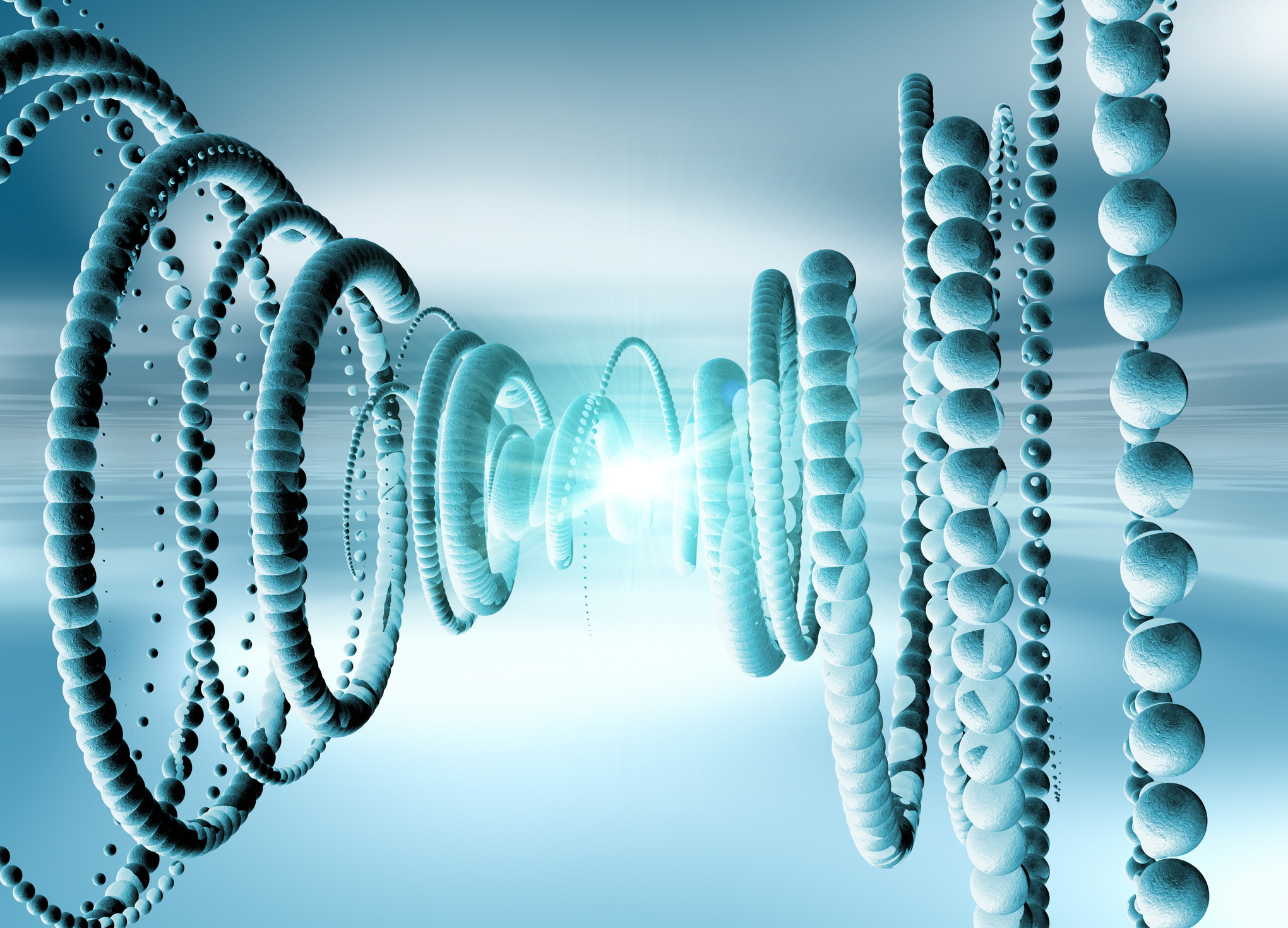 Abstract 3D rendering featuring various geometric shapes like spheres and rings in a futuristic arrangement, with a glowing light at the center