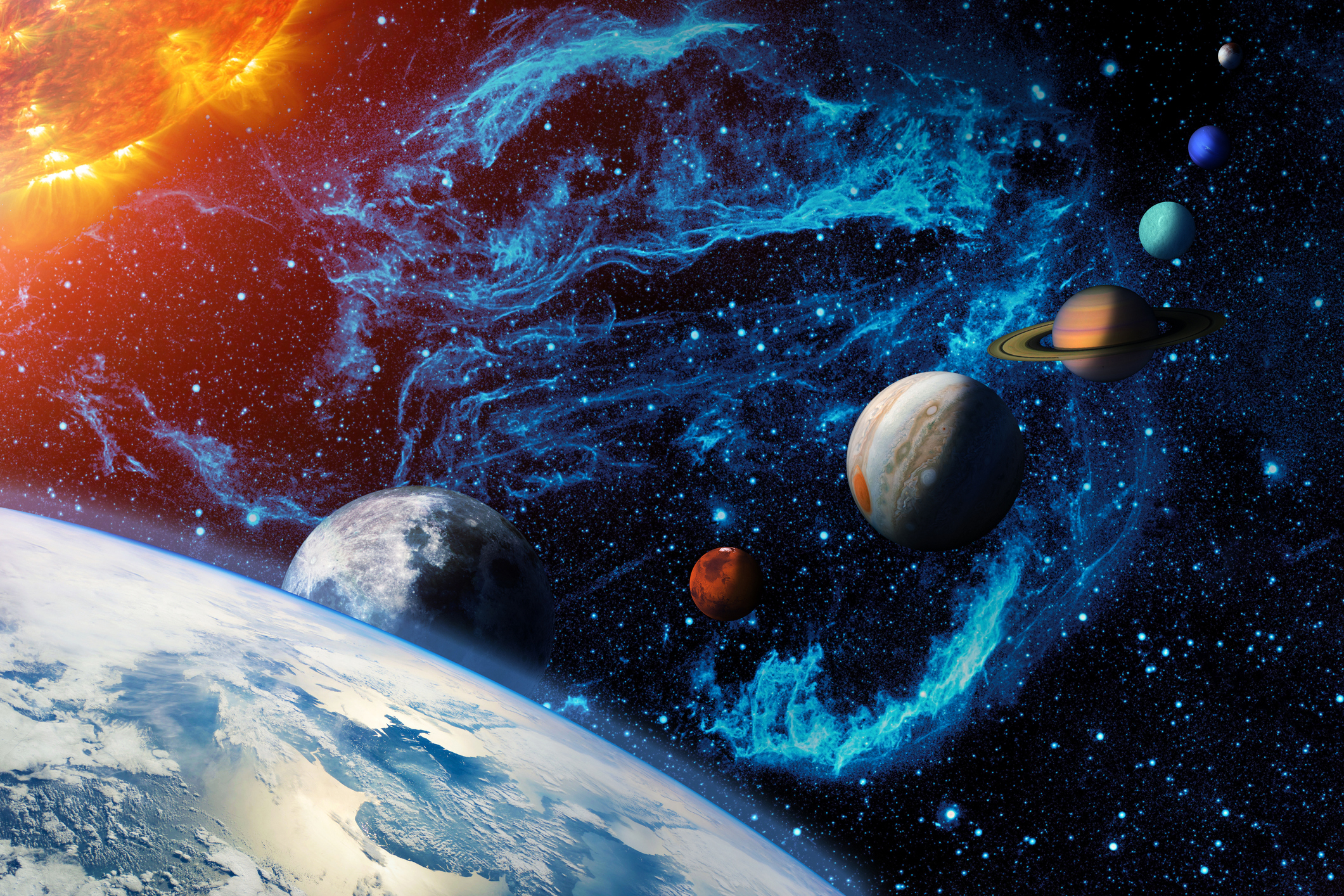 Illustration of the solar system showing planets, the sun, and a section of Earth, with vibrant blue and red cosmic backgrounds