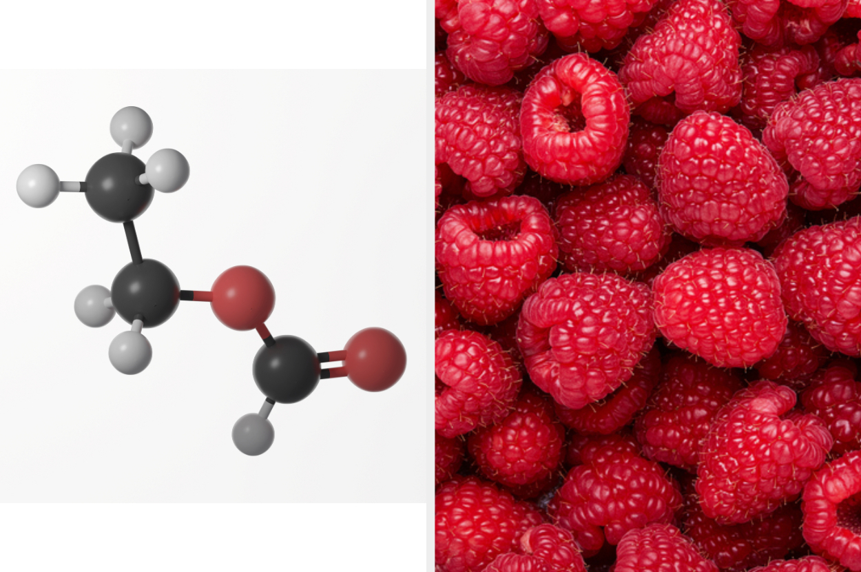 A molecular model of a compound is shown beside a close-up photograph of fresh raspberries