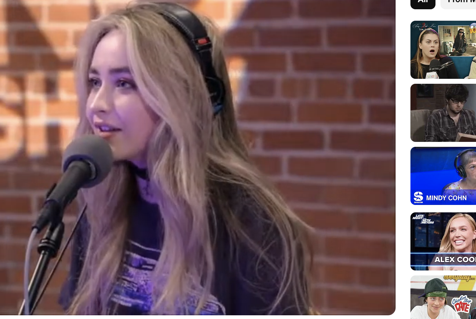 Sabrina Carpenter in a radio studio being interviewed by Zach Sang. Microphone and headphones visible; subtitles show a dialogue in progress