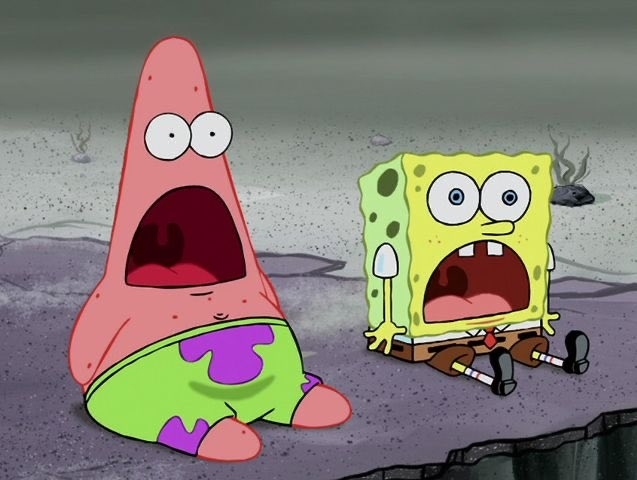 Patrick Star and SpongeBob SquarePants, animated characters, sit on a rock with shocked expressions