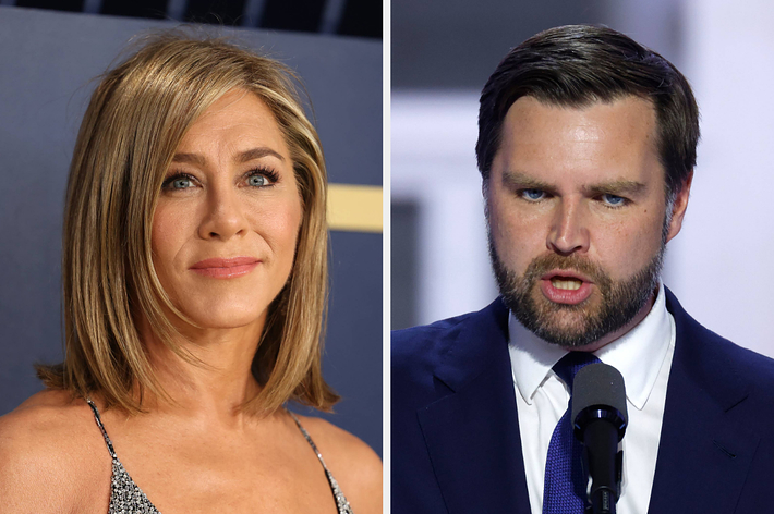 Jennifer Aniston with straight, shoulder-length hair in a sleeveless outfit and J.D. Vance in a suit speaking into a microphone