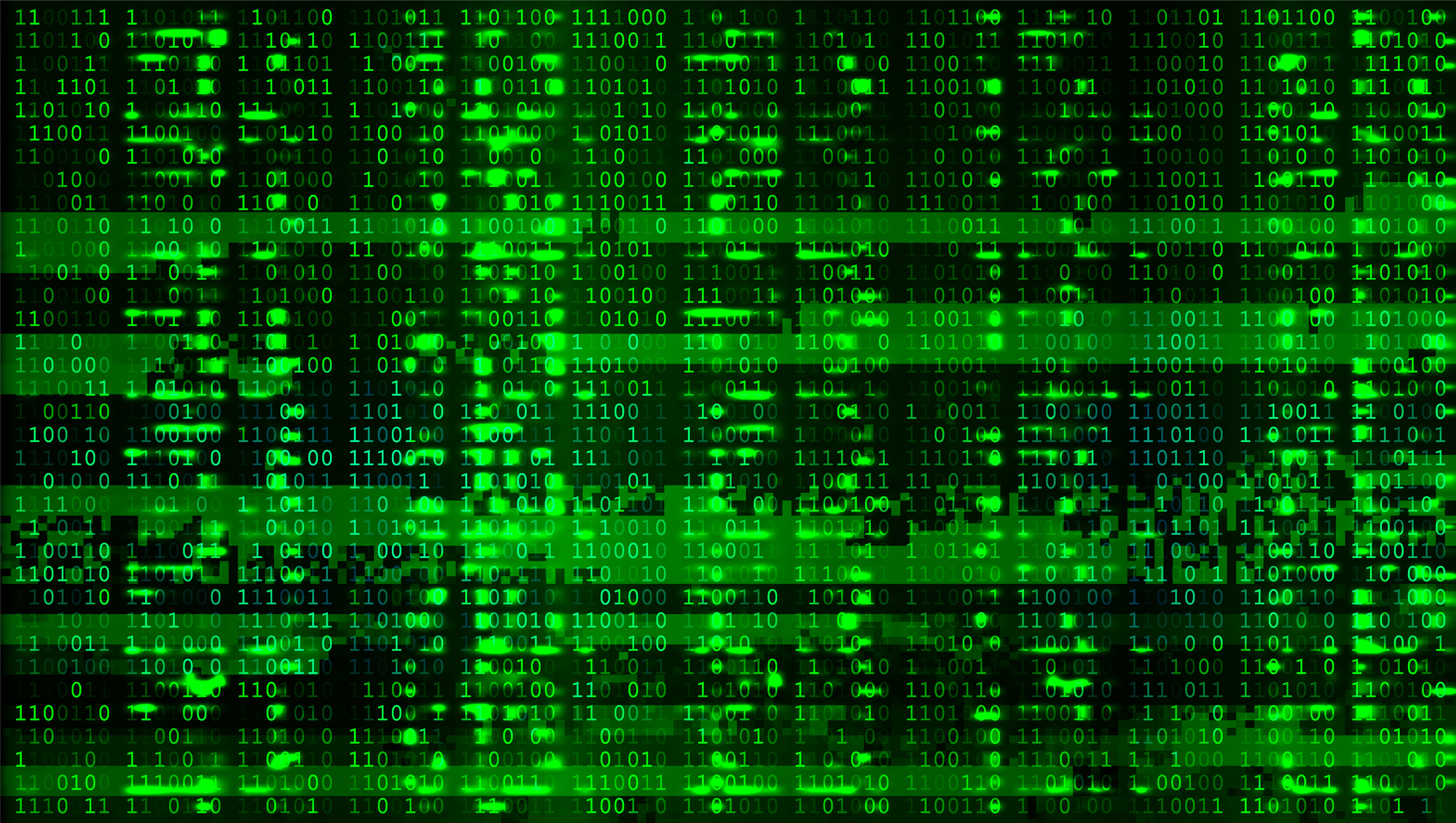 Binary code displayed in a matrix style on a screen, possibly referencing digital technology or cyber themes