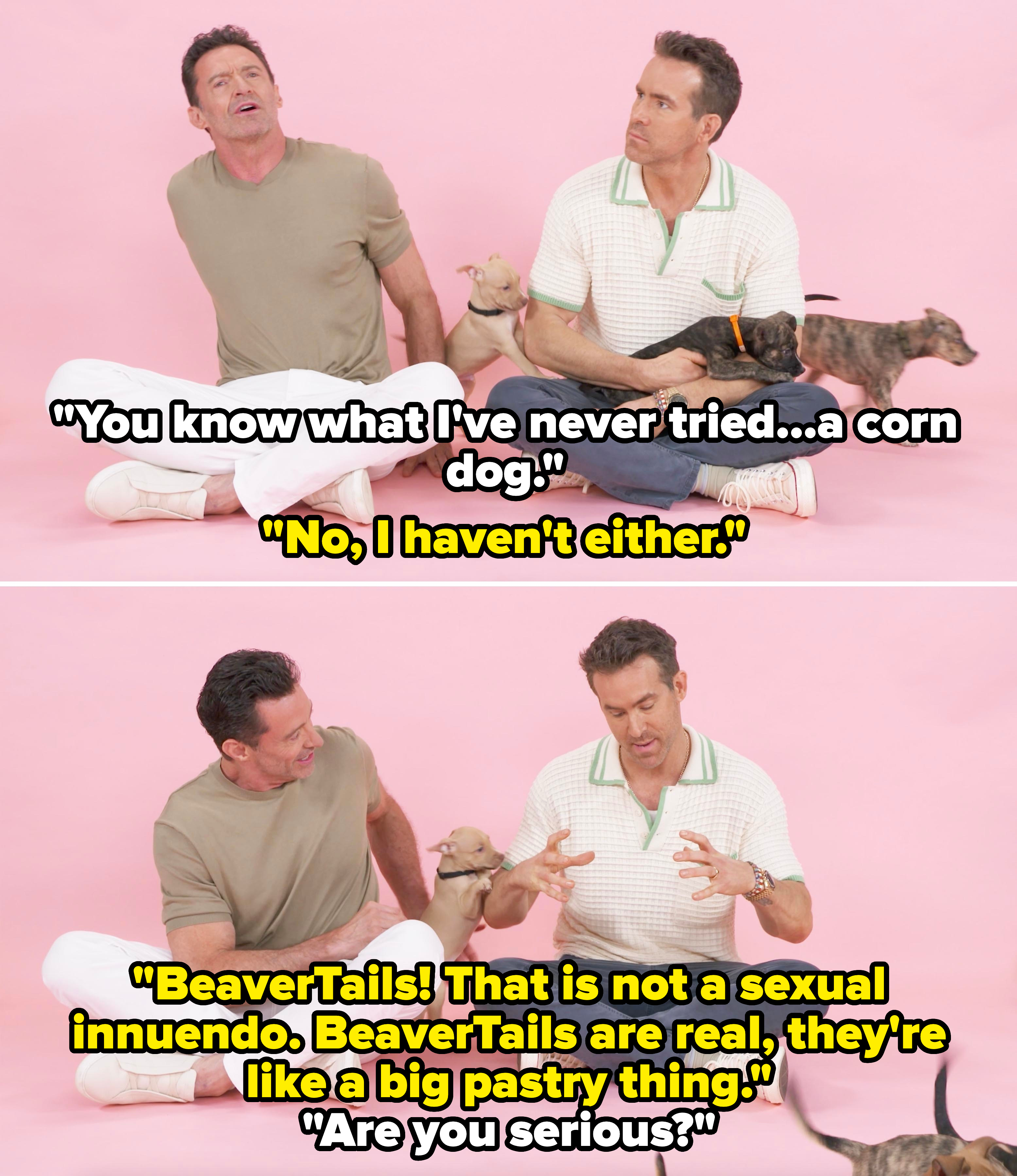 Hugh Jackman and Ryan Reynolds sit on the floor with puppies, interacting playfully. Jackman wears a casual shirt and white pants, Reynolds wears a casual shirt and jeans