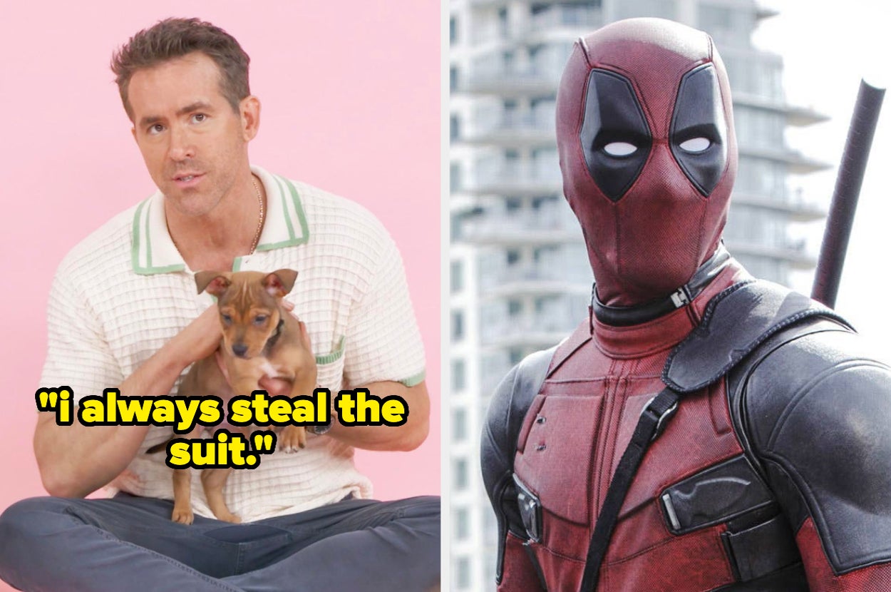Ryan Reynolds holding a small dog on left, Deadpool costume character on right; caption reads "i always steal the suit."