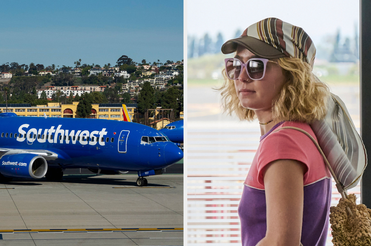 A Southwest Airlines plane on a runway; a woman with blonde hair, wearing sunglasses, a striped hat, and casual clothing, stands in an airport