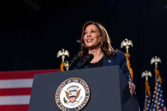 Kamala Harris speaks at a podium with the Vice President's seal, flanked by American flags