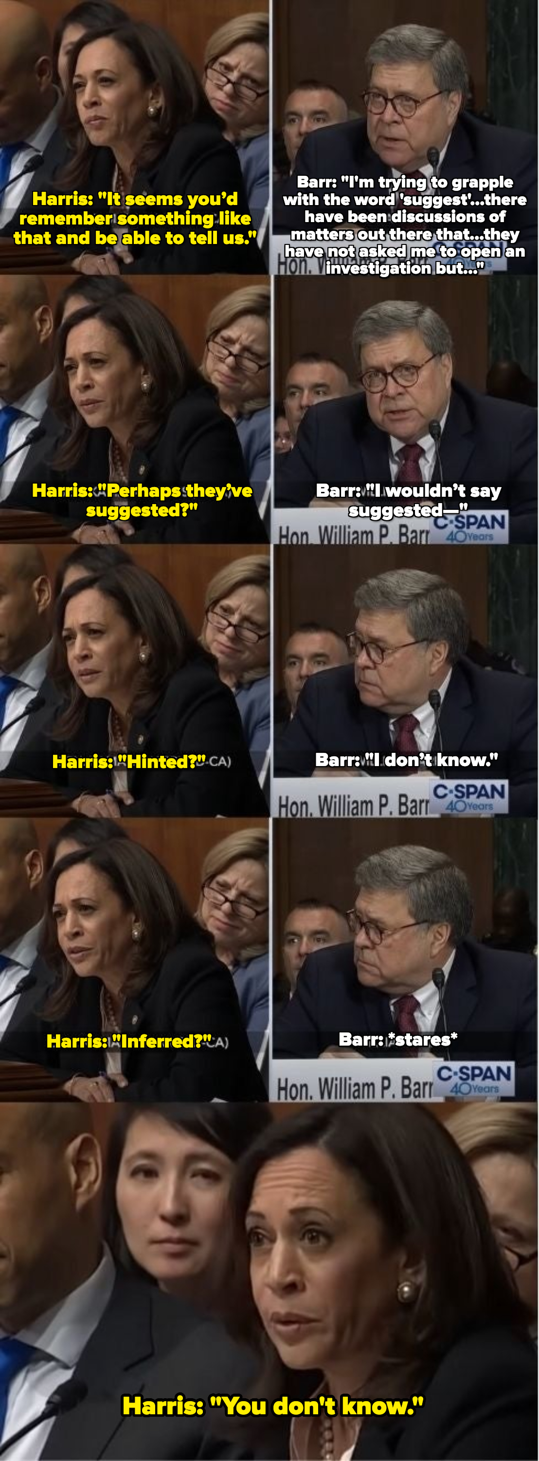 Sen. Kamala Harris questions William Barr in a U.S. Senate hearing, displaying focused and concerned expressions in different angles and close-ups