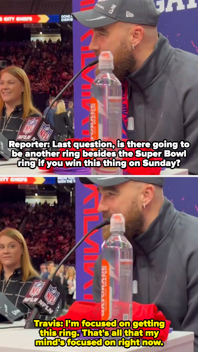 Travis in a cap and jacket speaking at a press conference. Reporter asks about another ring besides the Super Bowl. Travis emphasizes focusing on the Super Bowl ring