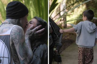 Travis Barker kissing Kourtney Kardashian and a young boy walking with a woman's handbag