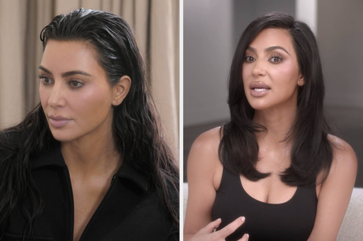 Kim Kardashian in two side-by-side images; left: with wet hair wearing a black top, right: with styled hair in a black tank top, gesturing with her hand