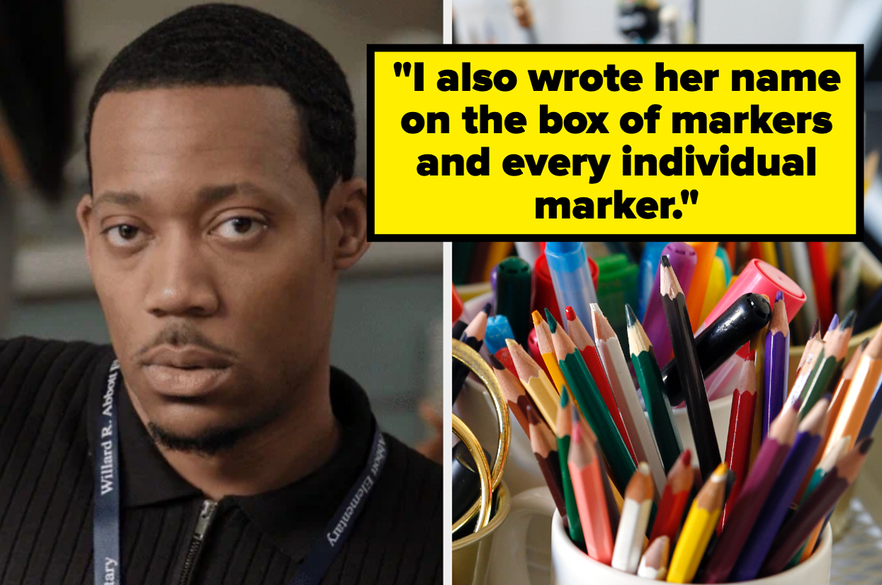 Tyler James Williams text: "I also wrote her name on the box of markers and every individual marker." Next to a container filled with pencils and markers