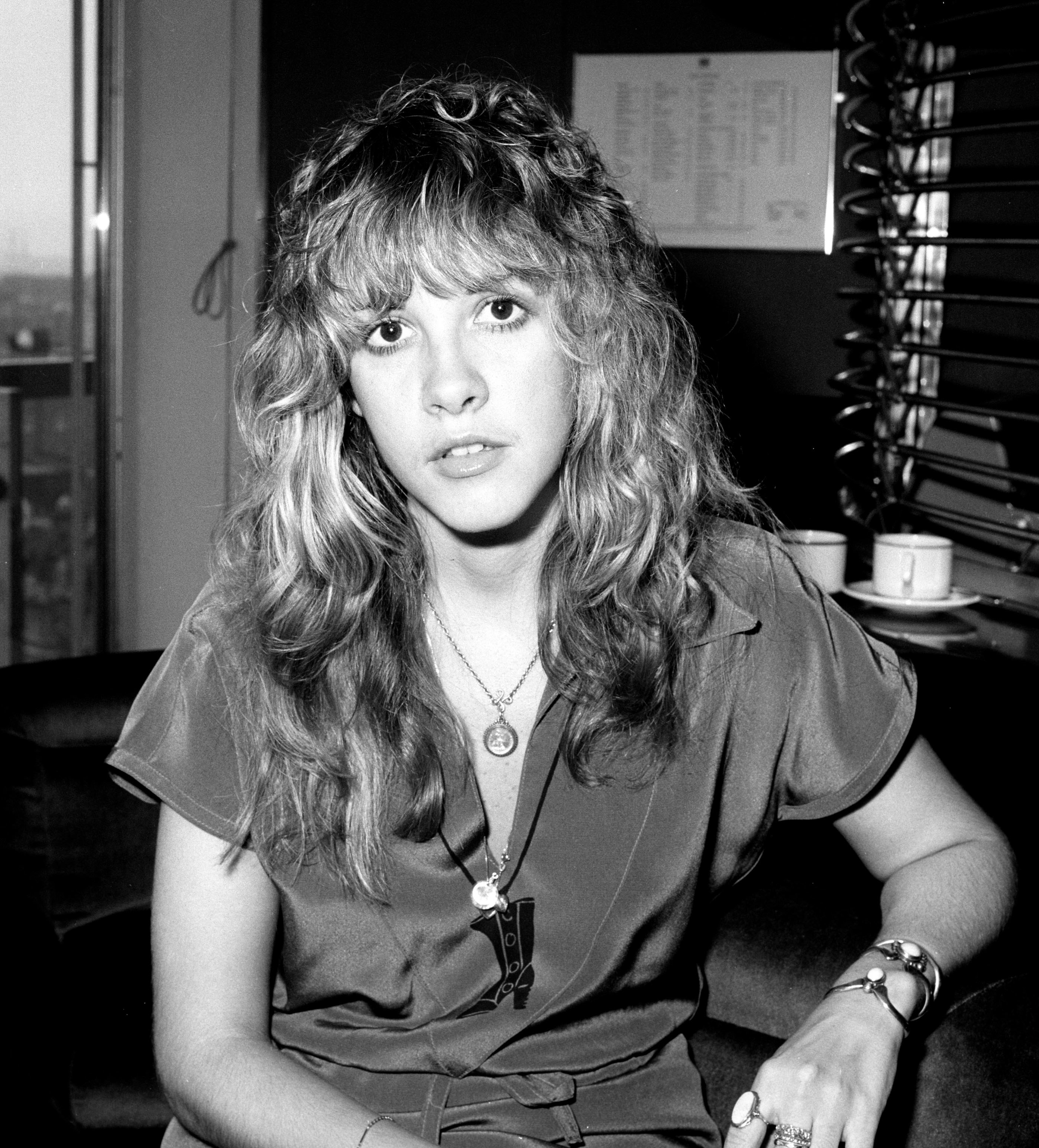 Stevie Nicks sits in a room with blinds, wearing a V-neck top and a necklace