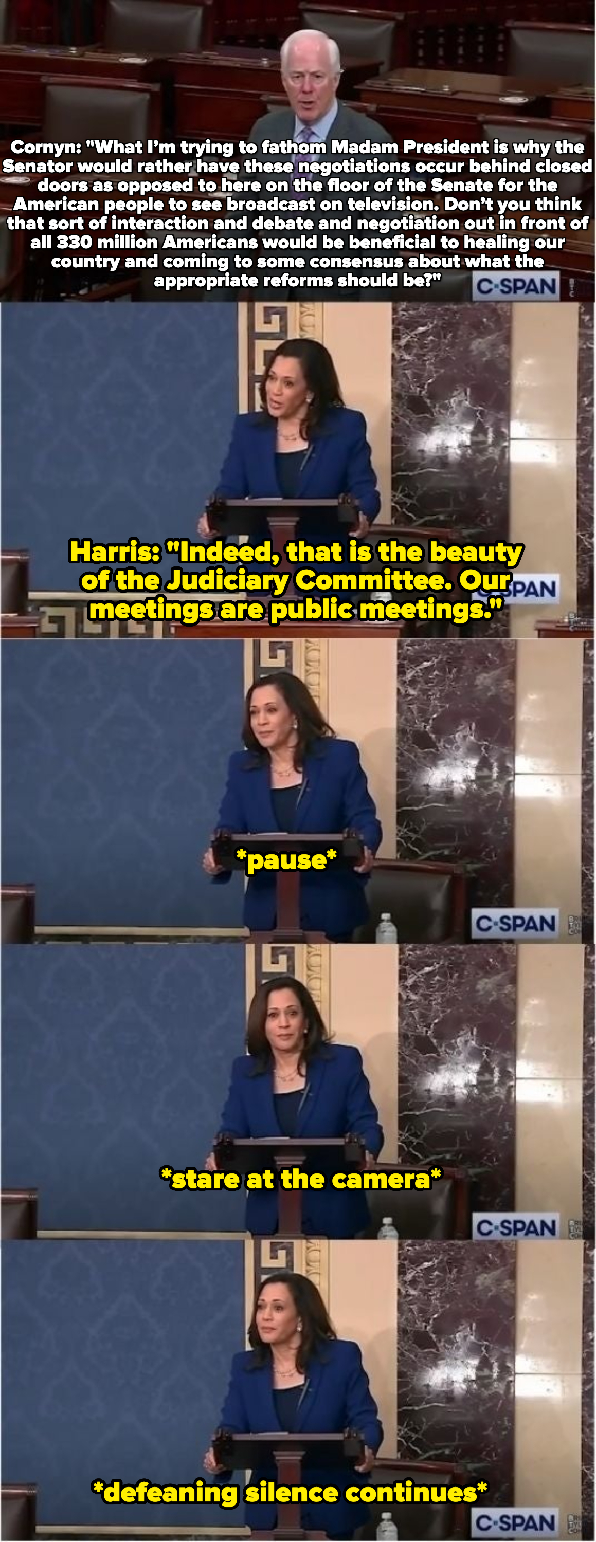 John Cornyn speaks on the Senate floor followed by Kamala Harris, who stands at the podium delivering a speech