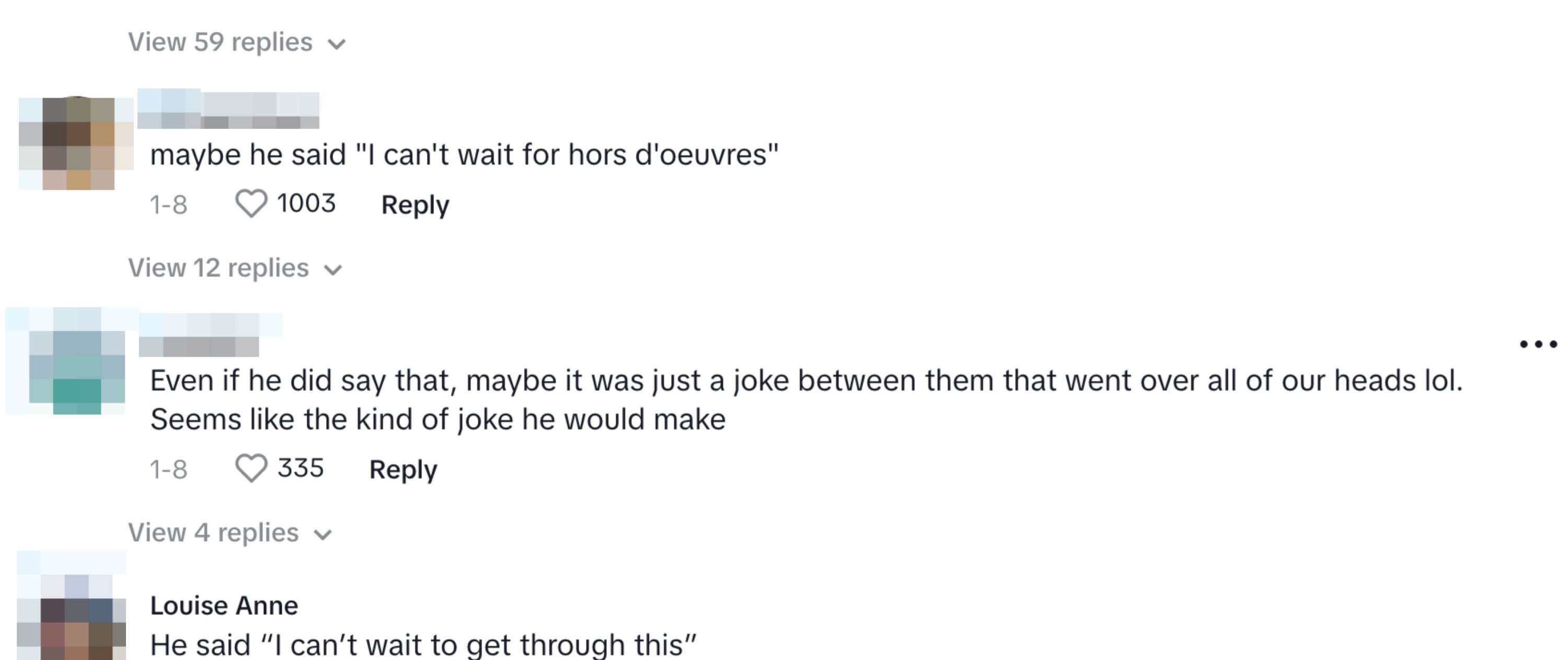 commenters discuss whether john said &quot;divorce&quot; or &quot;hors d'oeuvres&quot;