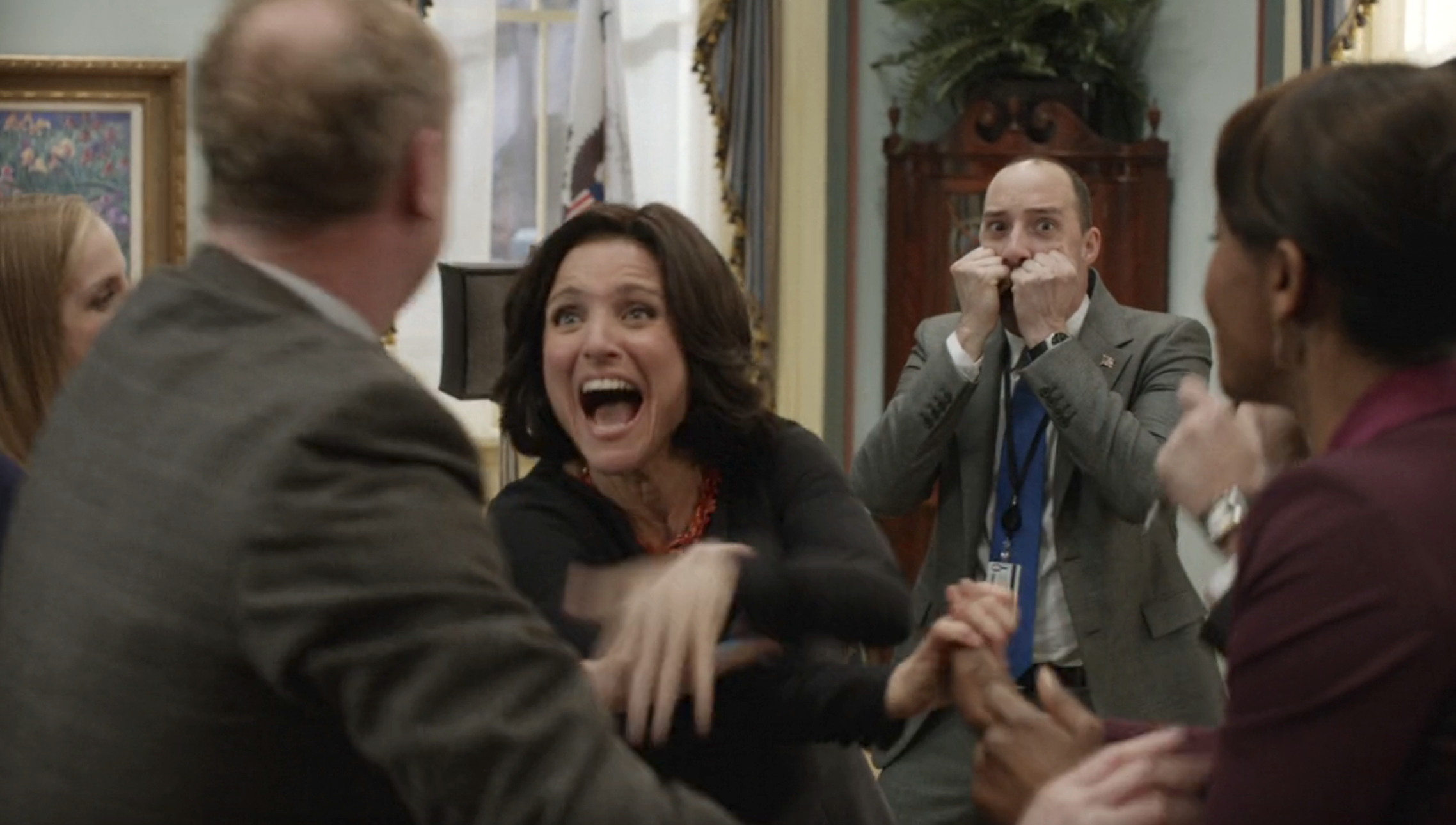Julia Louis-Dreyfus excitedly gestures with her hands and mouth open in a still from Veep. Tony Hale stands behind her with his hands near his mouth, appearing surprised
