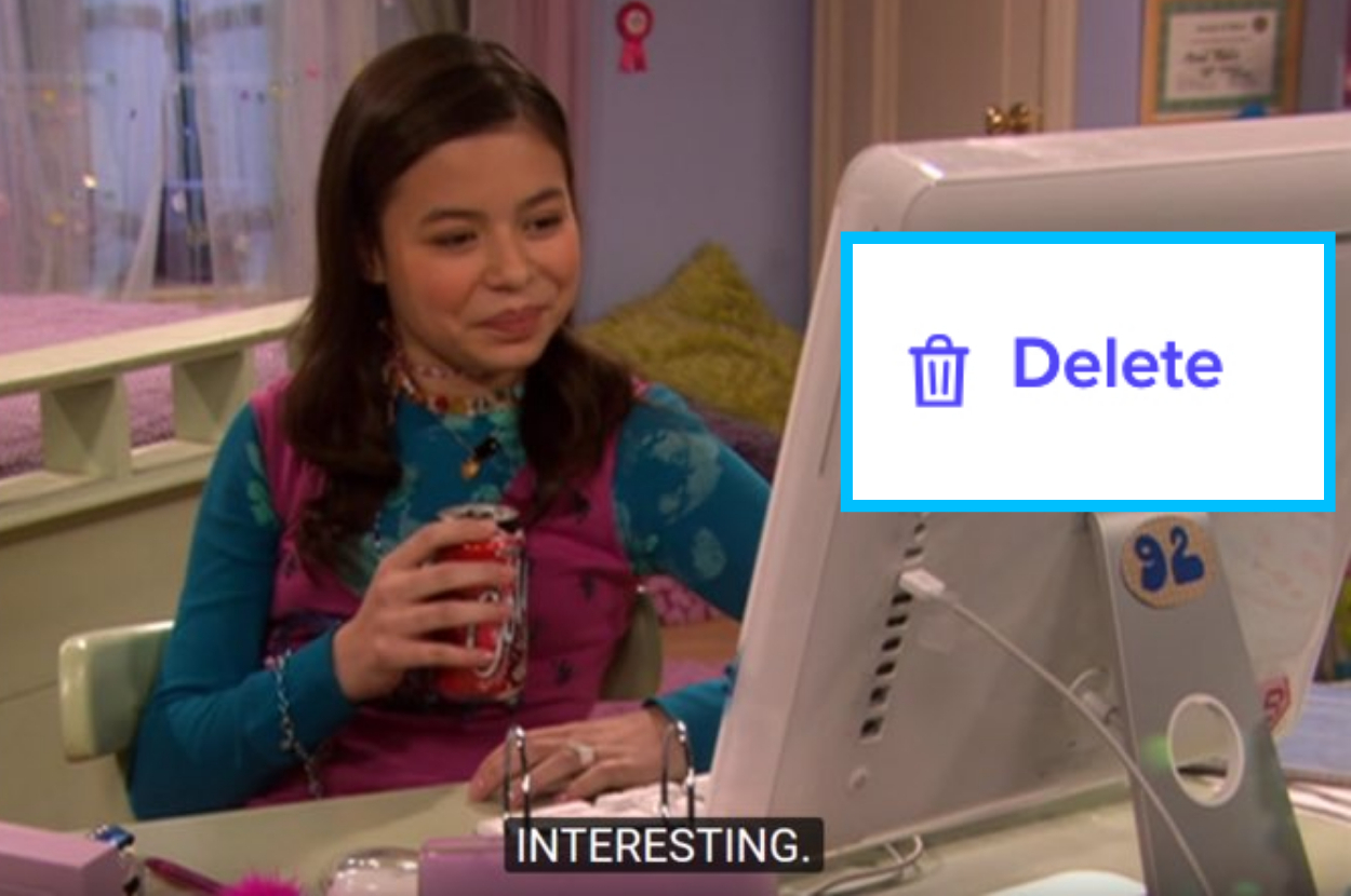 Miranda Cosgrove's character sits at a desk, smiling at a computer screen. The screen shows a &quot;Delete&quot; prompt. Captions display the word &quot;INTERESTING.&quot;