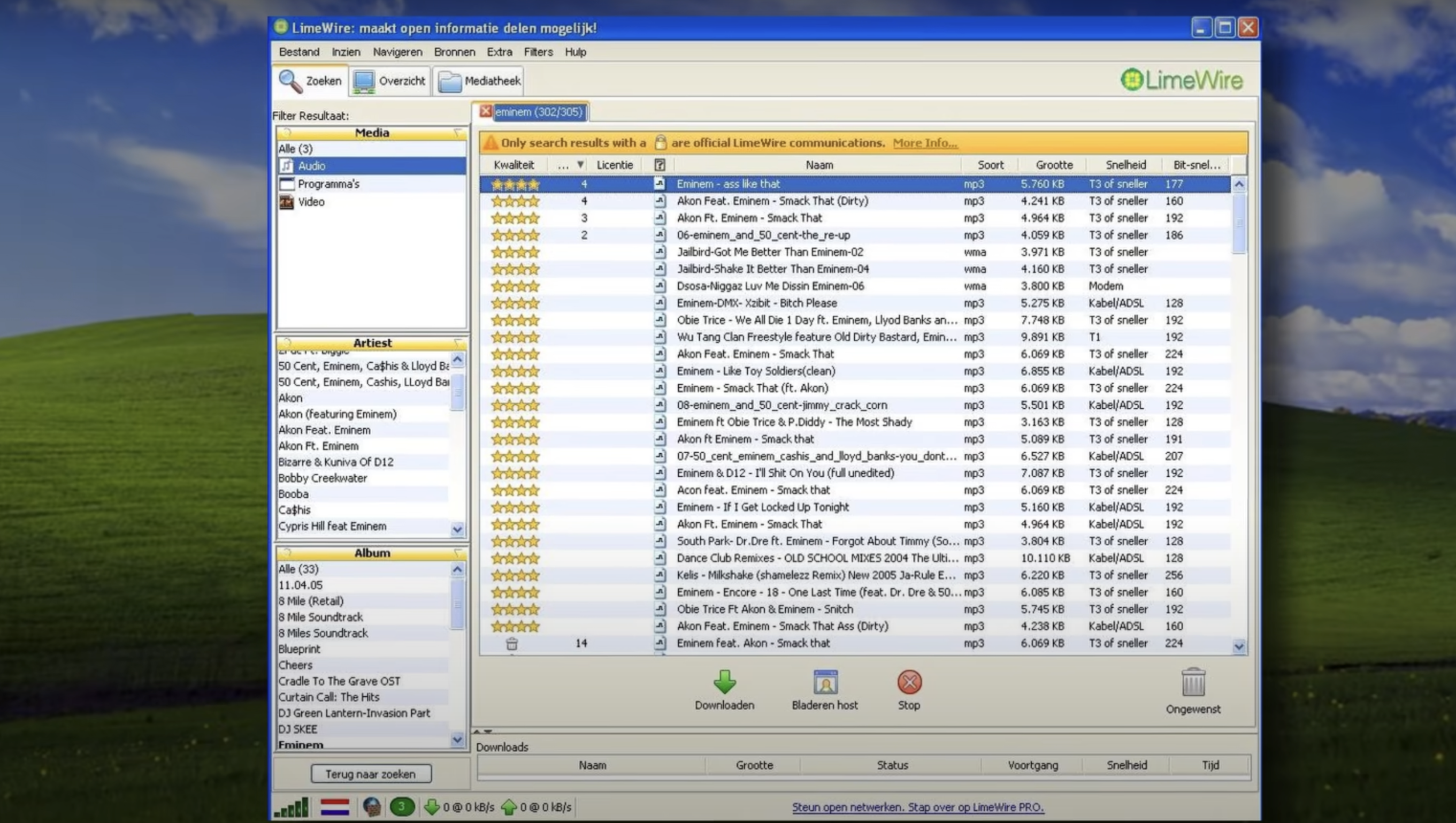 LimeWire software open on a computer screen showing search results for music files with categories like Name, Size, and Speed. Background shows Windows XP’s default wallpaper