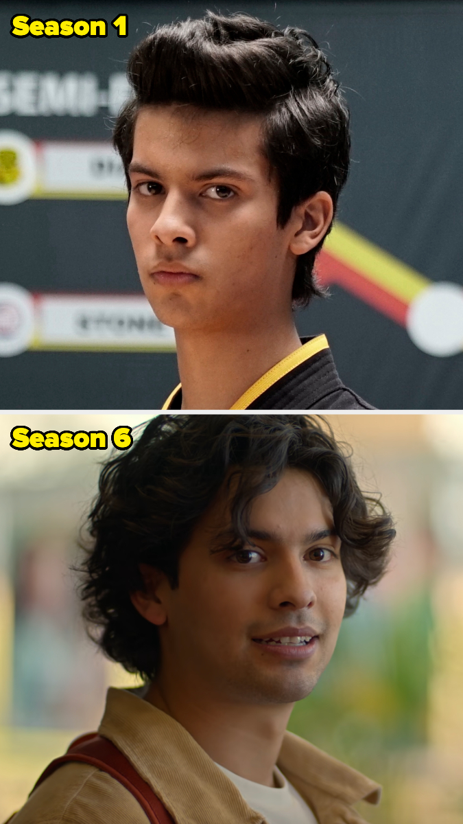 Close-up of Xolo Maridueña from "Cobra Kai" in two seasons: Season 1, with short hair, and Season 6, with curly, longer hair