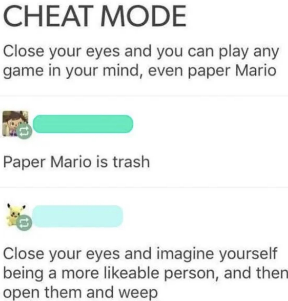 A meme with the title "Cheat Mode" contains humorous text exchanges about closing your eyes to imagine playing any game in your mind, and being a more likeable person