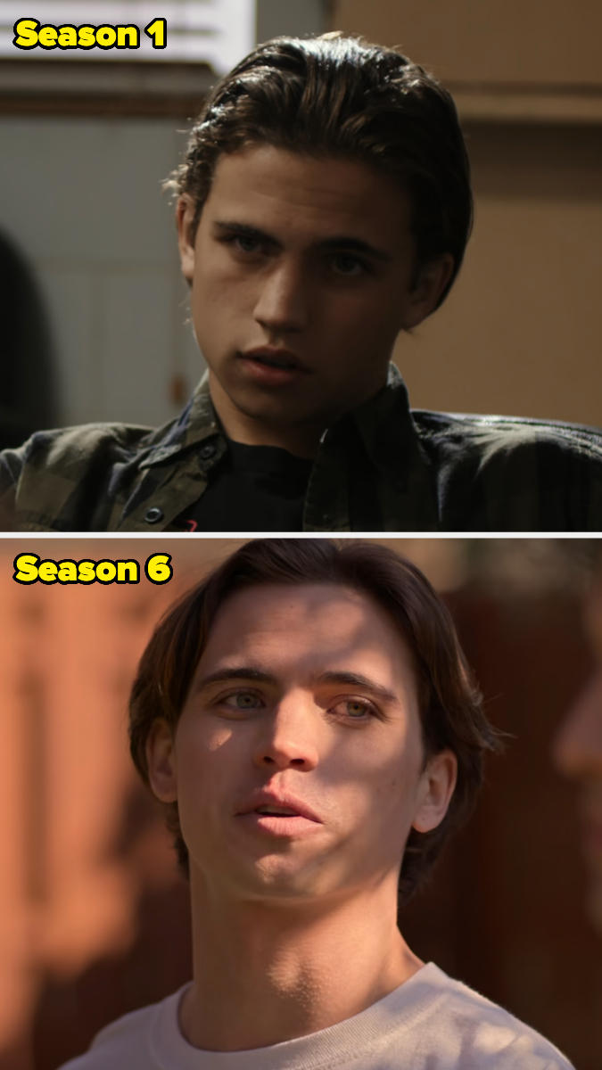 Top image: Young man from Season 1 with slicked-back hair in casual clothing. Bottom image: Same man from Season 6 with longer hair speaking