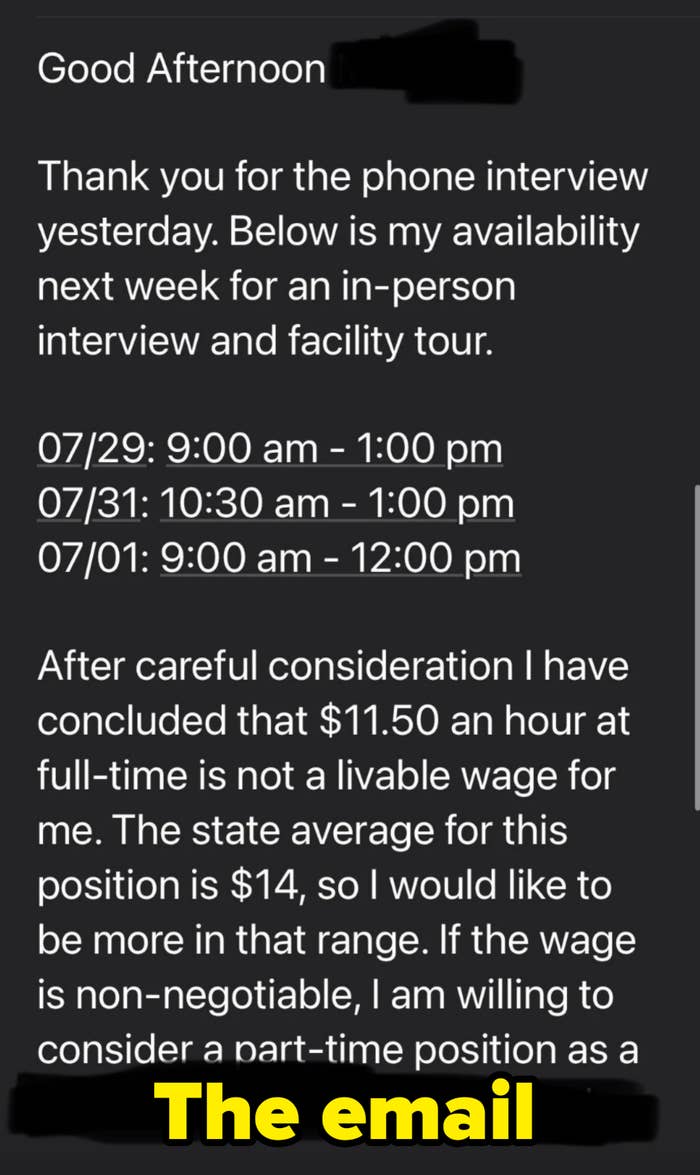 Availability for in-person interview: 07/29, 9am-1pm; 07/31, 10:30am-1pm; 08/01, 9am-12pm. Discussion about $11.50 hourly wage being non-livable; seeking $14/hour