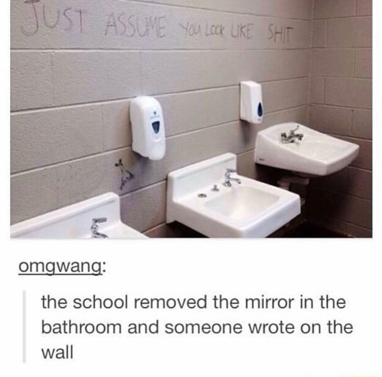 A bathroom with sinks and soap dispensers on the wall. Above the sinks, graffiti reads "Just assume you look like shit." Below, a comment says "the school removed the mirror in the bathroom and someone wrote on the wall."