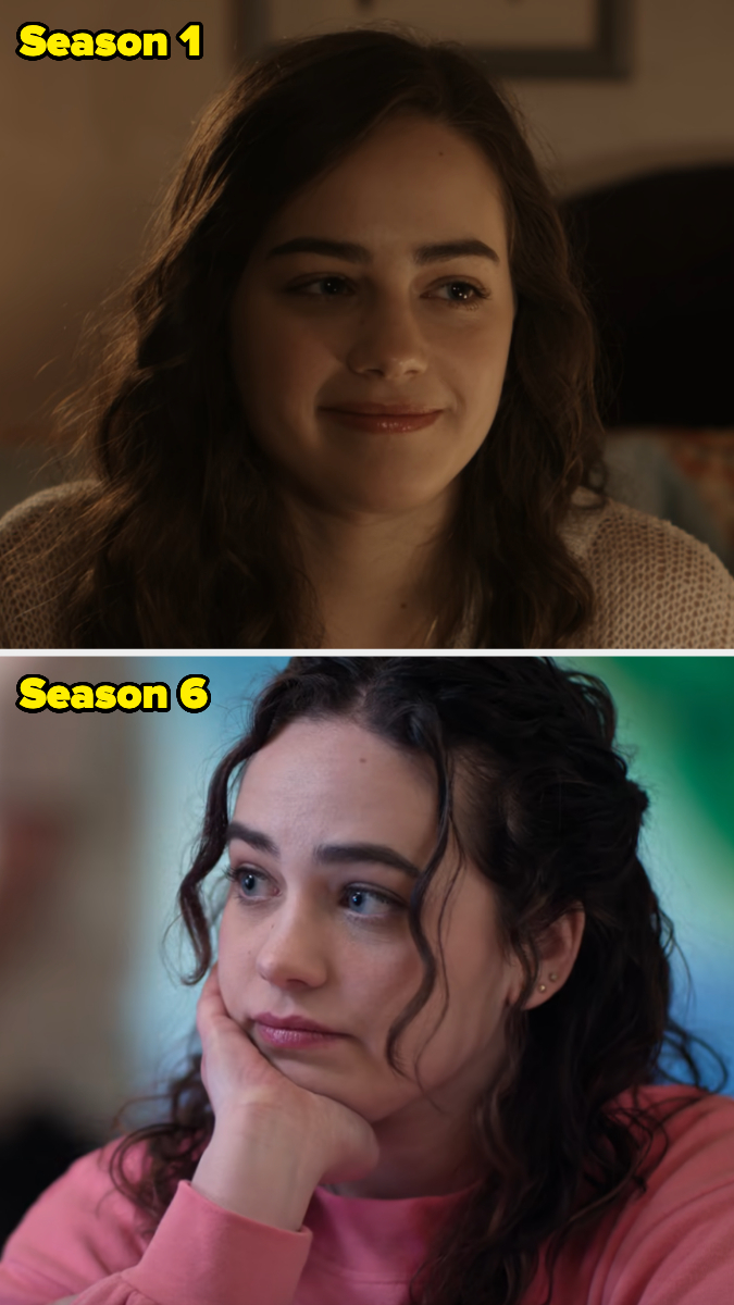 Mary Mouser as Samantha LaRusso in 'Cobra Kai'. Top image shows her in Season 1; bottom image shows her in Season 6, displaying her character's evolution
