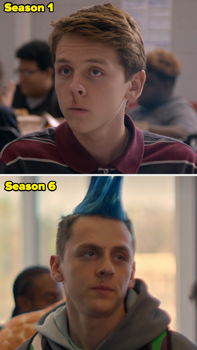 Side-by-side images of Eli Moskowitz from "Cobra Kai," comparing Season 1 (short hair and a serious expression) and Season 6 (blue mohawk and a relaxed expression)