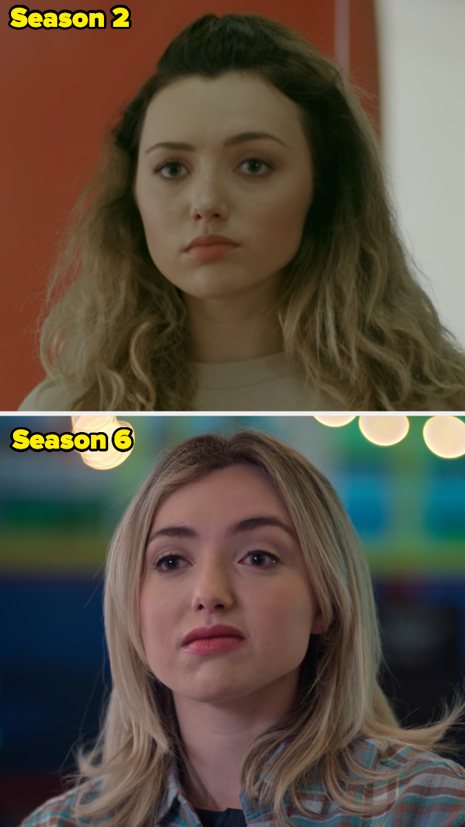 Top and bottom images show Peyton List in Season 2 and Season 6 of a show