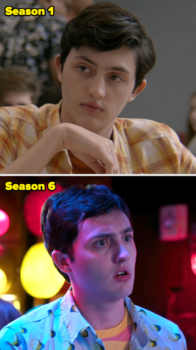 Atticus Shaffer in two scenes from "The Middle": first in Season 1 wearing a plaid shirt, second in Season 6 looking surprised in a patterned shirt