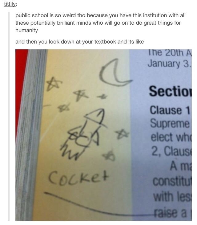 Meme text: "public school is so weird tho because you have this institution with all these potentially brilliant minds," next to a childish drawing of a rocket