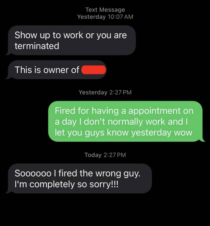 Series of text messages discussing wrongful termination; final message states: “Fired the wrong guy; I'm completely so sorry”