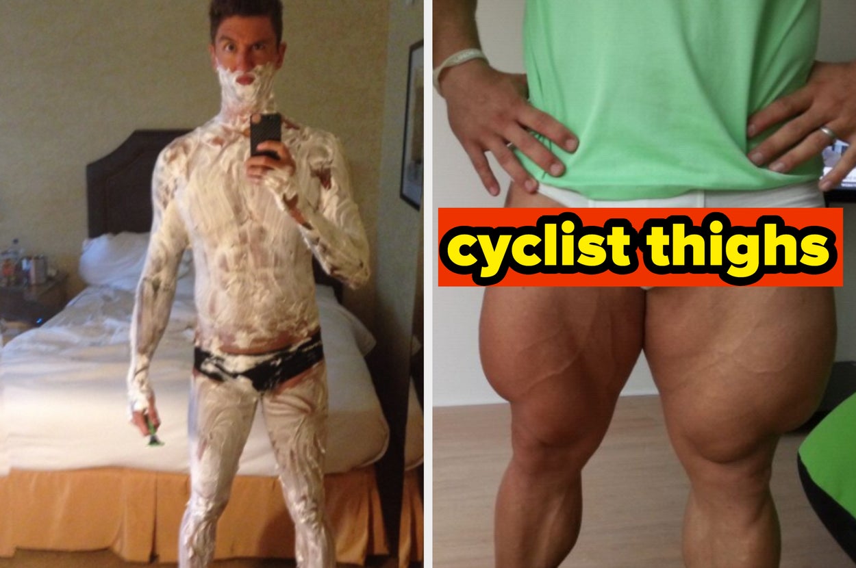 cyclist thighs and a man covered in shaving cream
