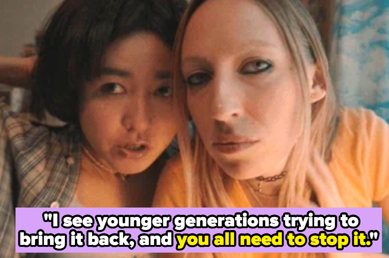 Two persons are close together making funny faces. Text says, "I see younger generations trying to bring it back, and you all need to stop it."