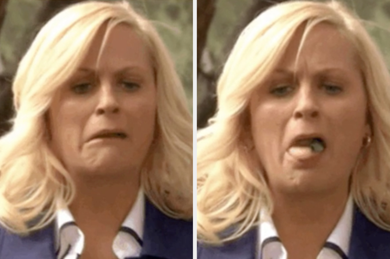 Amy Poehler in Parks and Rec makes a disgusted face in the first image, and then sticks out her tongue in the second image