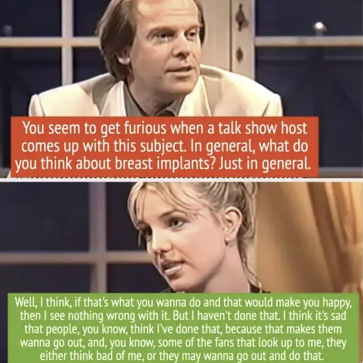 Ivo Niehe interviews Britney Spears about breast implants. Britney says it's fine if people want them, but questions if fans want them because of her