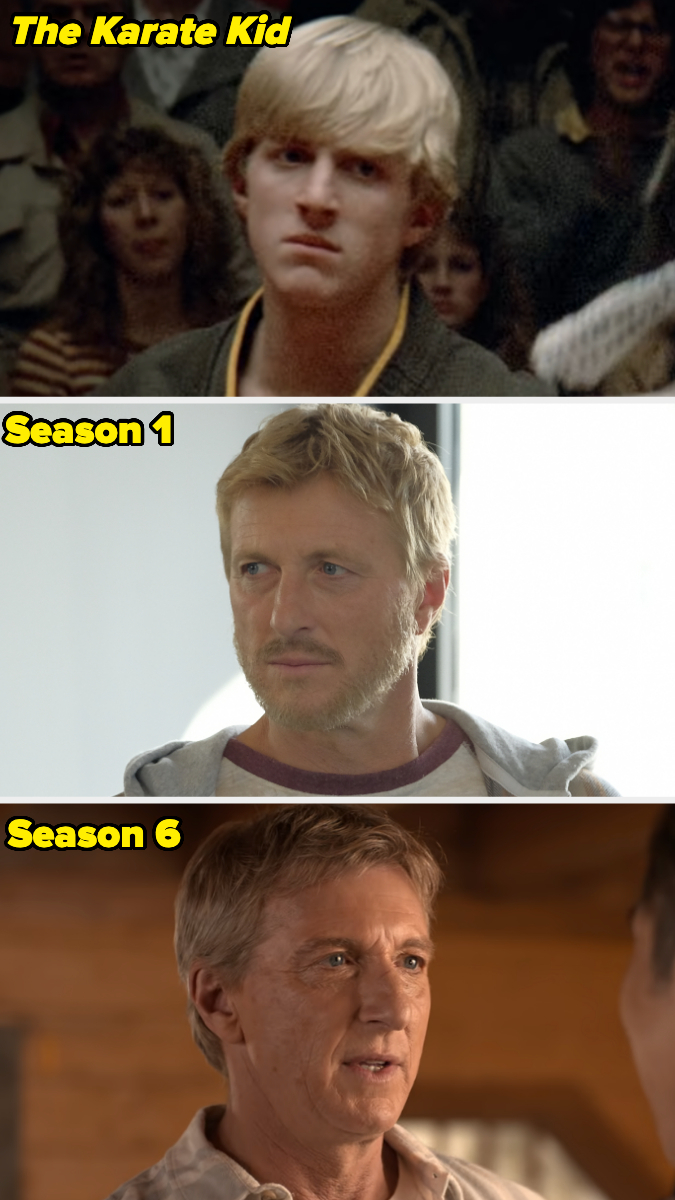 Three images of William Zabka as Johnny Lawrence: top, from "The Karate Kid"; middle, from "Cobra Kai" Season 1; bottom, from "Cobra Kai" Season 6