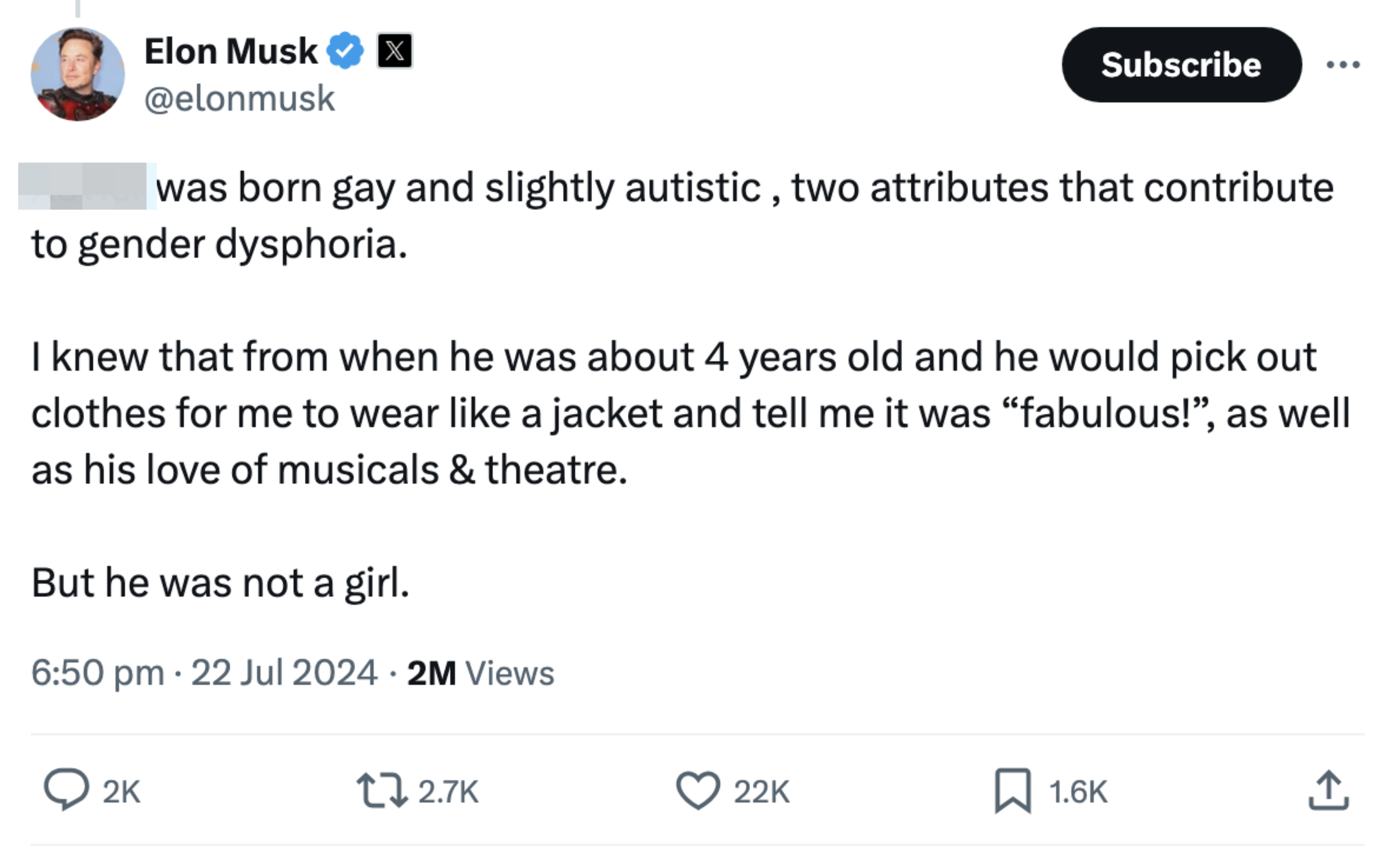 Elon Musk's tweet about his son Xavier, discussing Xavier's early signs of gender dysphoria, his interests in clothing, musicals, and theatre