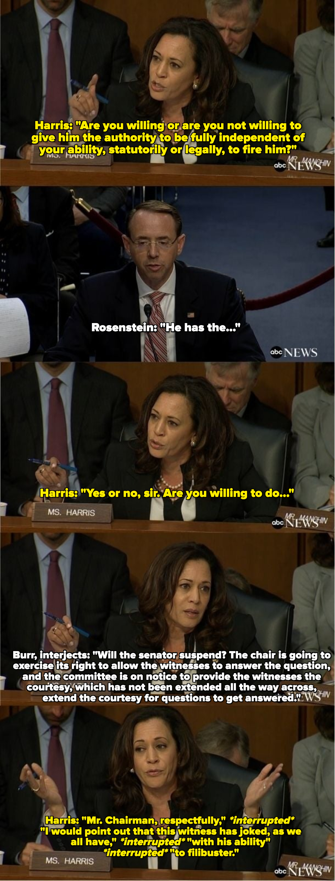 Kamala Harris in a dark suit questions witnesses during a Senate committee hearing