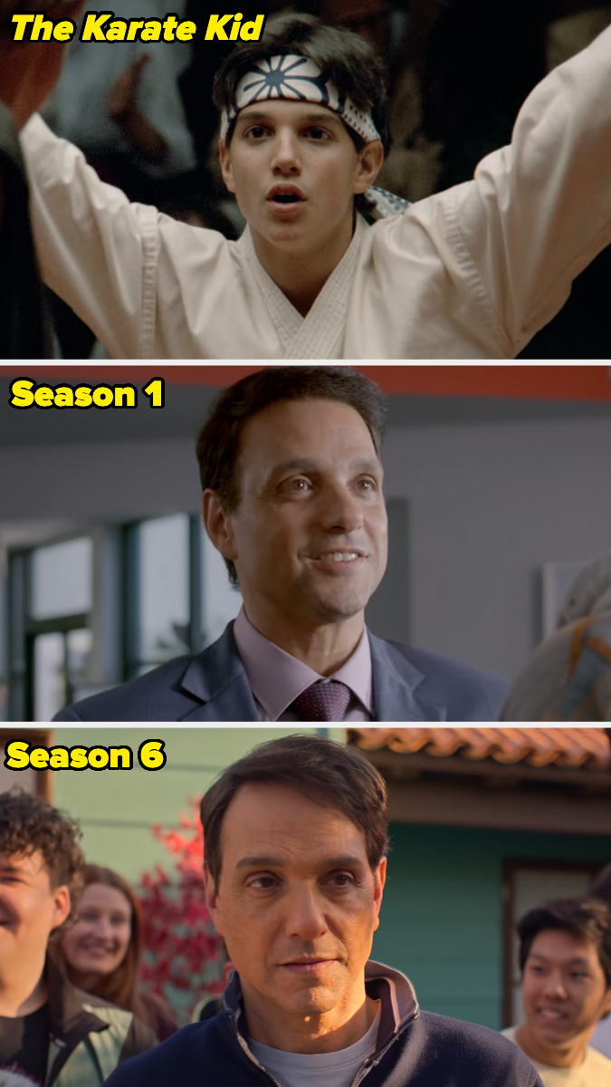 Ralph Macchio in "The Karate Kid" and as Daniel LaRusso in "Cobra Kai" Seasons 1 and 6