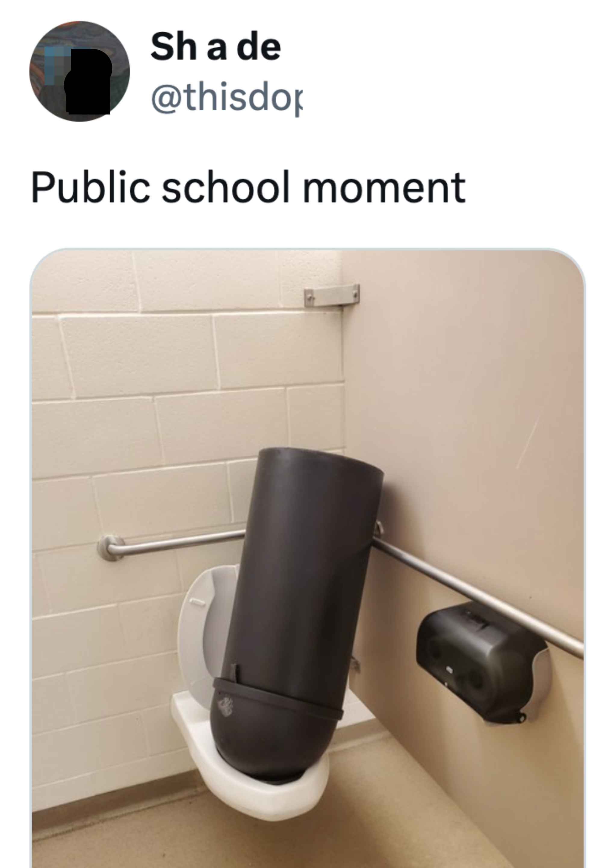 A disabled toilet with a large trash canister tipped over onto the toilet seat. Text above image: "Sh a de @thisdop Follow Public school moment."