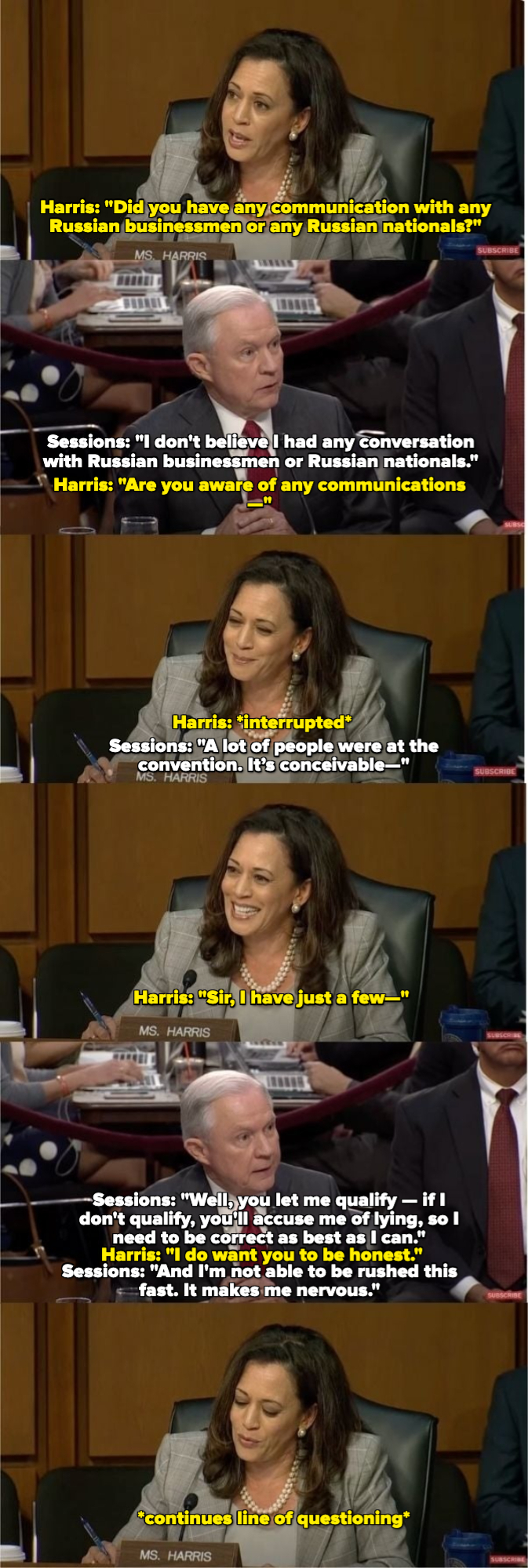 Kamala Harris questioning Jeff Sessions in a Senate committee hearing. Kamala is seated, speaking, and wearing a suit. Sessions appears attentive and responds