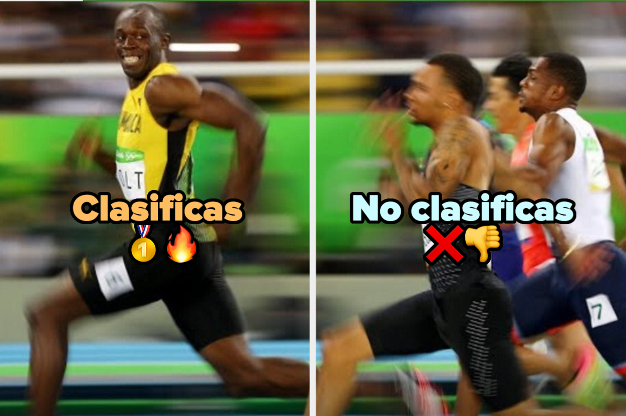 Usain Bolt corriendo, acompañado de dos otros atletas difuminados. Texto: "Clasificas" junto a Bolt y "No clasificas" junto a los otros corredores