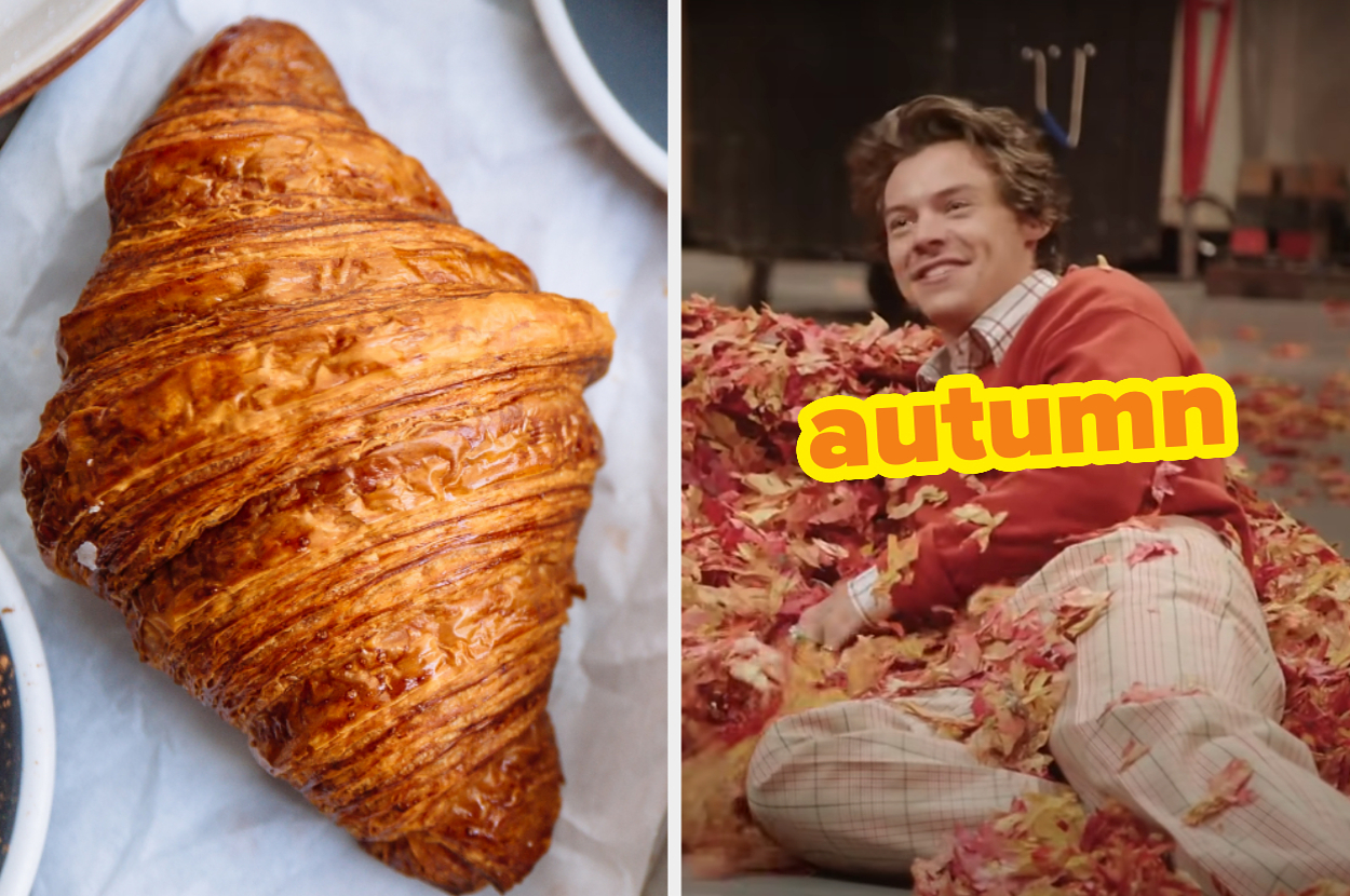 On the left, a croissant, and on right, Harry Styles sitting in a pile of leaves labeled autumn