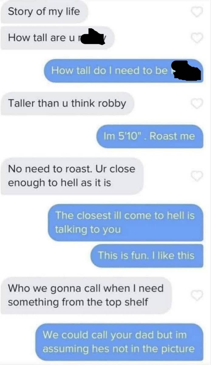 Text conversation between Robby and Rachel joking about height and asking for help reaching a high shelf. Ends with Rachel saying Robby’s dad is likely absent