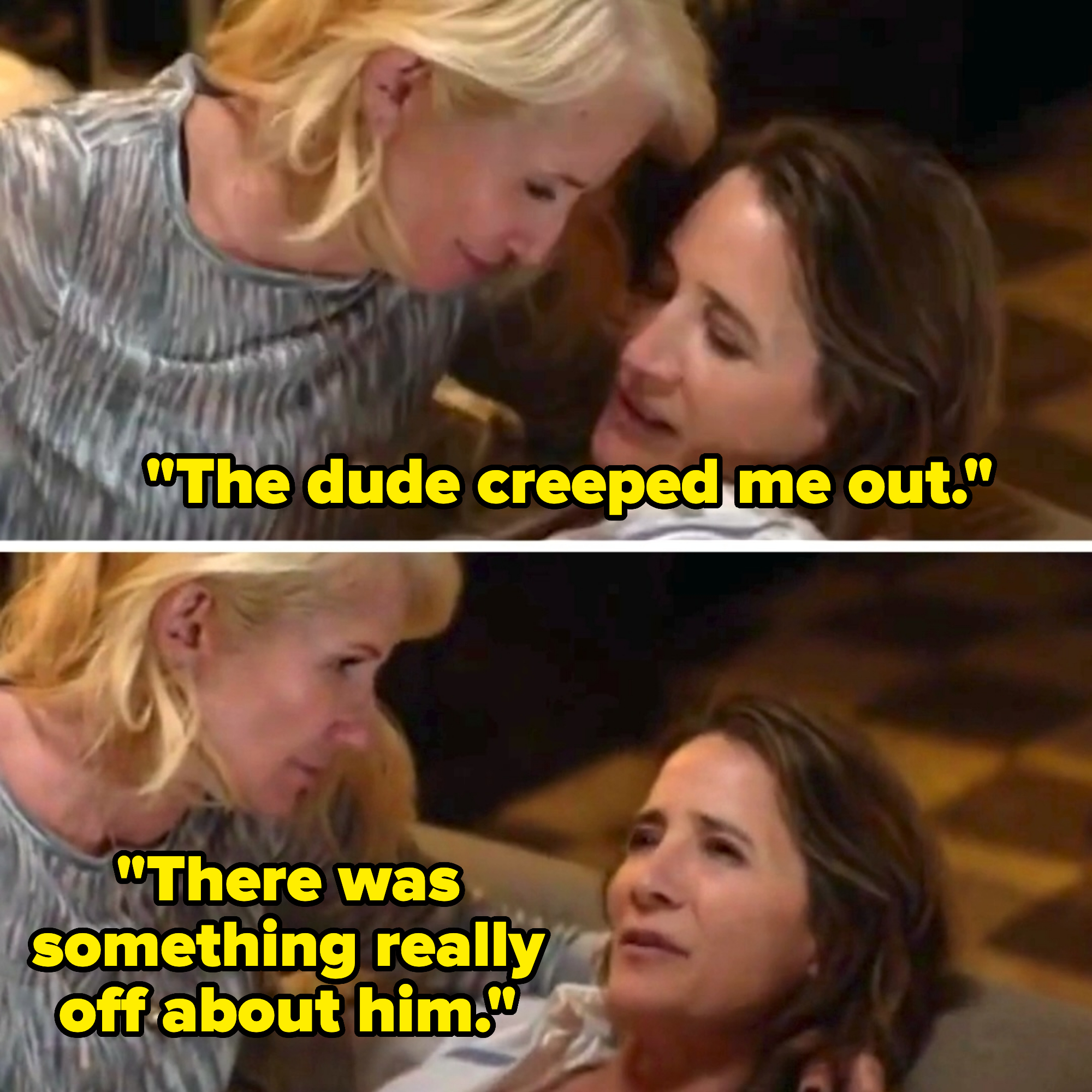 Mary Stuart Masterson and Vicky Krieps in a cozy scene, leaning towards each other, with smiles and gentle expressions in two frame shots